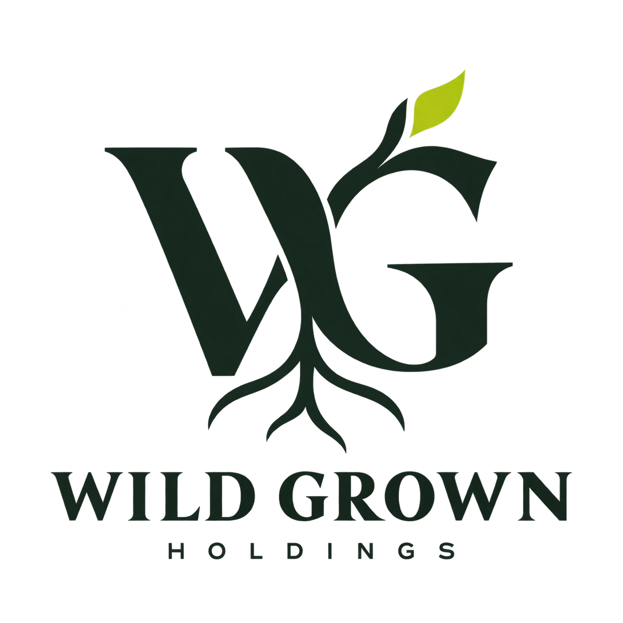 Wild Grown Holdings: interwoven WG letters with branching roots and a green leaf